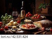 Sumptuous Italian food full table. Generate Ai. Стоковое AI-изображение, AI-художник Иван Рябоконь / Фотобанк Лори