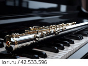 Flute with piano. Flute on piano keys. Wind instrument for musical design of concert creativity. Стоковое AI-изображение, AI-художник Aleksandr Golubev / Фотобанк Лори