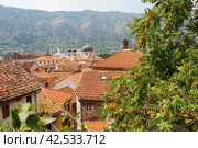 Kotor is a coastal city in Montenegro. Bay of Kotor. Red tiled roofs, mountain and chimneys of a tourist ship. Excursions and tourism. Cathedral of Saint Tryphon. Medieval old towns in the Adriatic (2022 год). Стоковое фото, фотограф Юлия Петровская / Фотобанк Лори