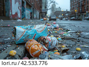 New York City street littered with trash after New Years Eve celebrations. Стоковое AI-изображение, AI-художник Юрий Поздников / Фотобанк Лори