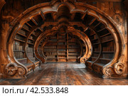 Old Library Bookshelf Interior Study Room With Wooden Bookcases and Dark Academia Aesthetic. Стоковое AI-изображение, AI-художник Юрий Поздников / Фотобанк Лори