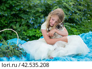 A girl is holding a beautiful cat in her arms.Девочка держит на руках красивого кота. Ребенок и домашний любимчик, питомец. Стоковое фото, фотограф Мария / Фотобанк Лори