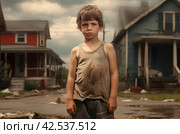 Impoverished Little boy standing in poor neighborhood. Generate ai. Стоковое AI-изображение, AI-художник Иван Рябоконь / Фотобанк Лори