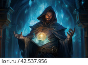 Mysterious Mage adult man fantasy dungeon. Generate Ai. Стоковое AI-изображение, AI-художник Иван Рябоконь / Фотобанк Лори