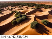 Aerial photography of sand dunes and trees in an oasis in Sahara desert. Bird's-eye view of hang glider on vast expanses of desert, near city of El Jam, Tunisia, Africa. Selective focus. Стоковое AI-изображение, AI-художник Aleksandr Golubev / Фотобанк Лори