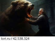 Daunting Fat man fight bear motivation. Generate Ai. Стоковое AI-изображение, AI-художник Иван Рябоконь / Фотобанк Лори