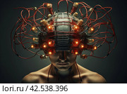 Intelligent Male head with brain electrodes. Generate ai. Стоковое AI-изображение, AI-художник Иван Рябоконь / Фотобанк Лори