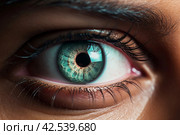 Concentrated Man holding contact lens closeup. Generate Ai. Стоковое AI-изображение, AI-художник Иван Рябоконь / Фотобанк Лори