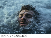 Audacious Man immersing in icy water on winter day. Generate Ai. Стоковое AI-изображение, AI-художник Иван Рябоконь / Фотобанк Лори