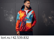 Innovative Man wear colorful windbreaker futuristic. Generate Ai. Стоковое AI-изображение, AI-художник Иван Рябоконь / Фотобанк Лори