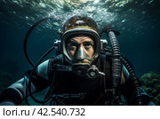 Intrepid Portrait male scuba diver under the water. Generate ai. Стоковое AI-изображение, AI-художник Иван Рябоконь / Фотобанк Лори
