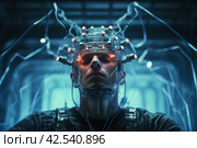 Cutting-edge Man with brain electrodes futuristic helmet. Generate ai. Стоковое AI-изображение, AI-художник Иван Рябоконь / Фотобанк Лори