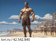 Bronzed Muscle man beach. Generate Ai. Стоковое AI-изображение, AI-художник Иван Рябоконь / Фотобанк Лори
