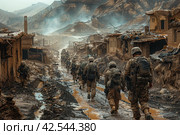 Combat soldiers of an elite counter-terrorism unit return to base after a raid.,    Generative AI. Стоковое AI-изображение, AI-художник Анна Кривицкая / Фотобанк Лори