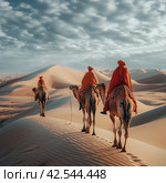 Caravan camels in the large dunes desert, .    Generative AI. Стоковое AI-изображение, AI-художник Анна Кривицкая / Фотобанк Лори