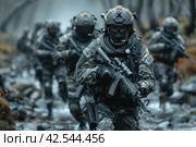 Combat soldiers of an elite counter-terrorism unit return to base after a raid.,    Generative AI. Стоковое AI-изображение, AI-художник Анна Кривицкая / Фотобанк Лори