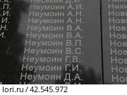 Выбитые фамилии павших воинов в селе Наруксово (2023 год). Редакционное фото, фотограф Дмитрий Неумоин / Фотобанк Лори