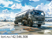 Airport fuel truck refueling airplane on runway near terminal under cloudy sky with modern equipment. Стоковое AI-изображение, AI-художник Юрий Поздников / Фотобанк Лори