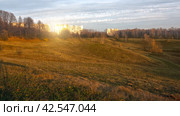 Delightful landscape of a hilly field at sunset. Tsaritsyno city Park in Moscow in the soft sun lights. Редакционное фото, фотограф Константин Григорьев / Фотобанк Лори