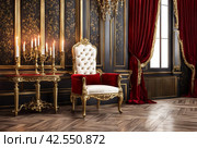 Old white and gold Royal chair with red curtains and candelabra in medieval vintage room. Throne for king in castle. Background in architecture or retro interior design. Copy space, text place. Стоковое AI-изображение, AI-художник Aleksandr Golubev / Фотобанк Лори