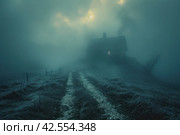 Old abandoned house in a foggy winter landscape. Retro style..,    Generative AI. Стоковое AI-изображение, AI-художник Анна Кривицкая / Фотобанк Лори
