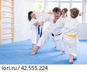 Judo or jiu jitsu classes - family with two children practicing grabbing and throwing on sports mats. Стоковое фото, фотограф Яков Филимонов / Фотобанк Лори