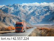 Semi truck driving on a picturesque asphalt road in the majestic snow-capped mountain landscape. Стоковое AI-изображение, AI-художник Юрий Поздников / Фотобанк Лори