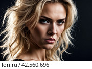 Close-up pretty portrait an angry discontented woman with finger on lips against dark background. Female emotion happy and actress show. Concept of satisfaction and inspiration. Copy space. Стоковое AI-изображение, AI-художник Aleksandr Golubev / Фотобанк Лори