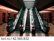 An empty escalator in subway metro. Transportation of people up and down stairs. Escalators without people. Mall, elevate. Стоковое AI-изображение, AI-художник Aleksandr Golubev / Фотобанк Лори