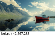 fishing boat moors in reflection under mountain peaks. Стоковое AI-изображение, AI-художник Юлия Гапеенко / Фотобанк Лори