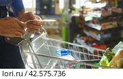 The hands of an unrecognizable older man hold a sales receipt next to a grocery cart in a supermarket. Стоковое фото, фотограф Владимир Федоров / Фотобанк Лори