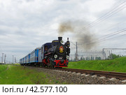 Паровоз Кп4-447 с пассажирским поездом, Малая Октябрьская железная дорога, Южная трасса, перегон Юный - Царскосельская (2017 год). Редакционное фото, фотограф Алексей Иванов / Фотобанк Лори