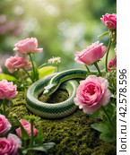 Happy green snake in spring summer on bright floral background. Happy Chinese new year 2025 Zodiac sign, year of the Snake. Стоковое AI-изображение, AI-художник Tatiana Syrtseva / Фотобанк Лори