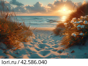 Sunset on the beach with grass and sea in the background.,    Generative AI. Стоковое AI-изображение, AI-художник Анна Кривицкая / Фотобанк Лори