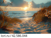 Sunset on the beach with grass and sea in the background.,    Generative AI. Стоковое AI-изображение, AI-художник Анна Кривицкая / Фотобанк Лори