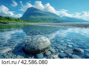 Beautiful mountain landscape with a lake and stones on the shore..,    Generative AI. Стоковое AI-изображение, AI-художник Анна Кривицкая / Фотобанк Лори