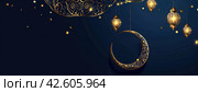 Ramadan Kareem, Ramadan crescent moon, Eid Mubarak Islamic festival social media banner and Eid Mubarak Post Template, islam. Стоковое AI-изображение, AI-художник Ярославский Максим / Фотобанк Лори