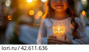 Young Girl Holding Lit Candle. Стоковое AI-изображение, AI-художник Юлия Гапеенко / Фотобанк Лори