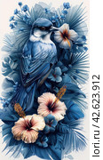 Bird among tropical flowers, blue colors, watercolor,    Generative AI. Стоковое AI-изображение, AI-художник Анна Кривицкая / Фотобанк Лори