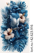 Bird among tropical flowers, blue colors, watercolor,    Generative AI. Стоковое AI-изображение, AI-художник Анна Кривицкая / Фотобанк Лори