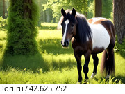 Pony Grazing Peacefully in Forest Clearing, summer daytime. Small horse pony with lush mane eats grass in serene forest setting, outdoors. Pet horse animals concept. Copy ad text space. Стоковое AI-изображение, AI-художник Aleksandr Golubev / Фотобанк Лори