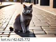 Serious British Shorthair Cat Sitting Outdoors, confident looking forward attentively. Gray british shorthair cat sits calmly on paved surface inside. Pet cats concept. Copy ad text space poster. Стоковое AI-изображение, AI-художник Aleksandr Golubev / Фотобанк Лори