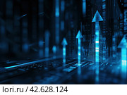 High tech stock market data on digital screen. Dark dynamic background of charts, graphs, and numbers. Blue light. Immersive financial theme for media design projects. Trading charts, bar, arrows. Стоковое AI-изображение, AI-художник Марина Демидюк / Фотобанк Лори