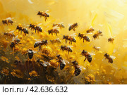 Swarm of bees buzzing around a honeycomb amidst yellow flowers. Стоковое AI-изображение, AI-художник Анна Кривицкая / Фотобанк Лори