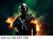 Male in uniform and helmet with weapon at explosion, smoke, fire sparks on black green background. Tactical units of police, military mission. Social problems and uprisings concept. Copy ad text space. Стоковое AI-изображение, AI-художник Aleksandr Golubev / Фотобанк Лори