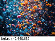 Colorful microplastic particles suspended in water, environmental pollution concept. Стоковое AI-изображение, AI-художник Евгений Харитонов / Фотобанк Лори