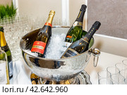 Три бутылки с игристым вином охлаждаются перед подачей на стол (2024 год). Редакционное фото, фотограф Юрий Шурчков / Фотобанк Лори
