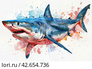 Shark, watercolor on a white background,    Generative AI. Стоковое AI-изображение, AI-художник Анна Кривицкая / Фотобанк Лори