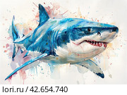 Shark, watercolor on a white background,    Generative AI. Стоковое AI-изображение, AI-художник Анна Кривицкая / Фотобанк Лори