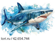 Shark, watercolor on a white background,    Generative AI. Стоковое AI-изображение, AI-художник Анна Кривицкая / Фотобанк Лори